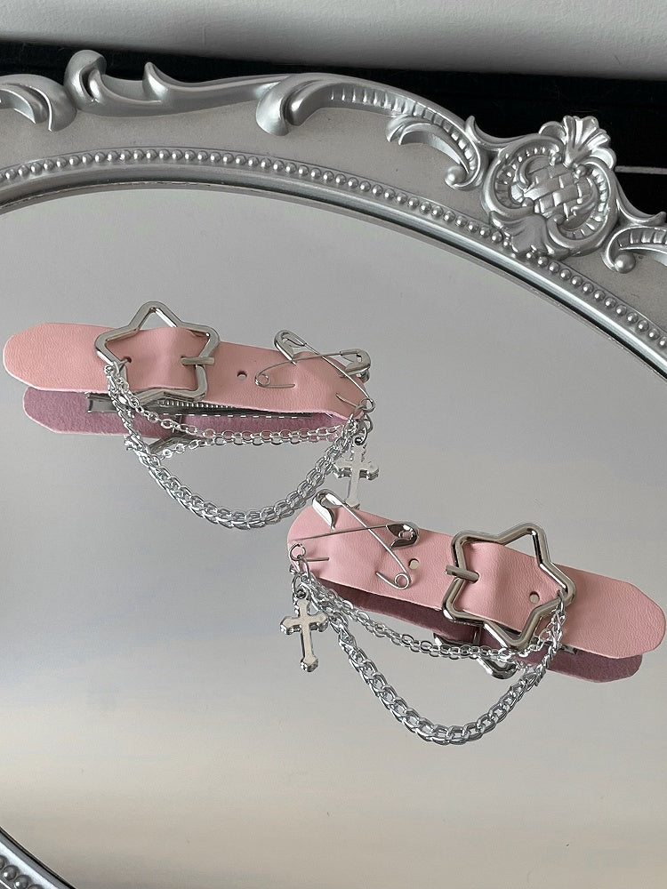 Black/White/Pink Cross Charm Pin Decorated Star Buckle Hairclips