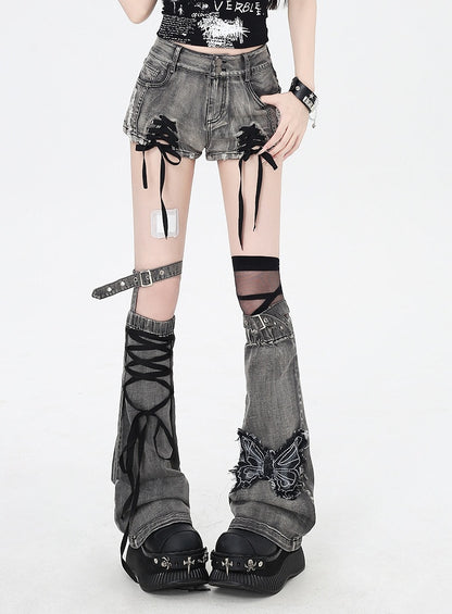 Dusty Gray Lace-up Details Hem Denim Shorts with Butterfly Applique Leg Warmers