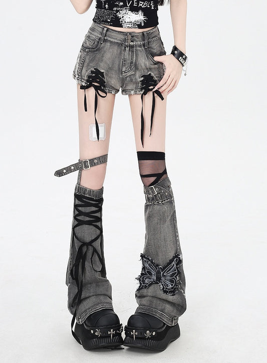 Dusty Gray Lace-up Details Hem Denim Shorts with Butterfly Applique Leg Warmers