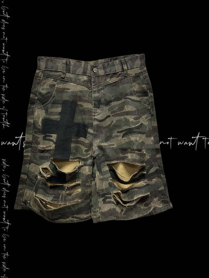 Camouflage Distressed Holes Wasteland Punk Wide-Leg Shorts