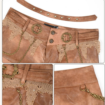 Brown Distressed Low Waist Wasteland Punk Shorts with Chain Accents