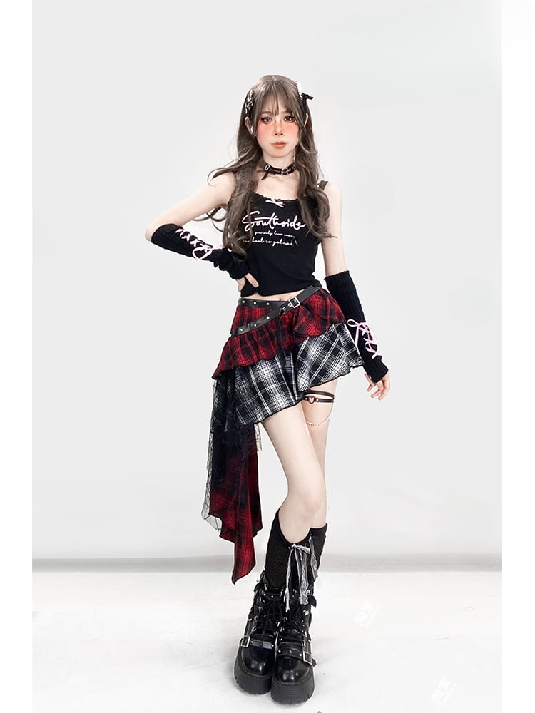 Clearance-Size M for Waist 76CM Y2K Red Plaid Asymmetrical Hem Tiered Punk Glamorous Skirt