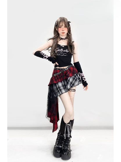 Clearance-Size M for Waist 76CM Y2K Red Plaid Asymmetrical Hem Tiered Punk Glamorous Skirt