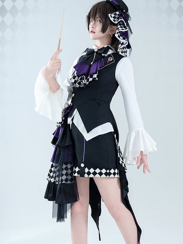 Ouji Lolita Dark Blue/Brown/Purple Checked Pattern Layered Bow Train Chains Decoration