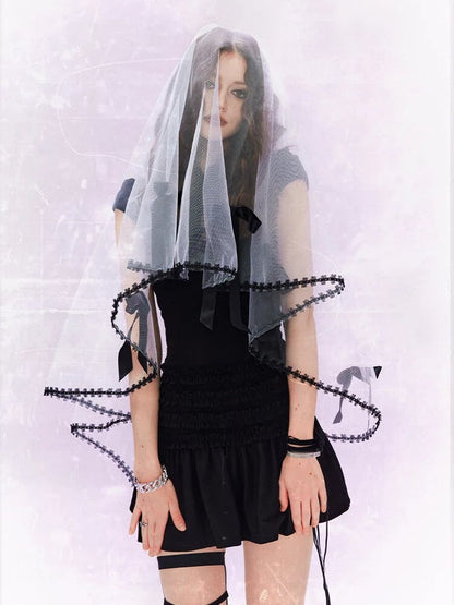 Black / White Cheongsam Dress with Organza Applique Cross Embroidery