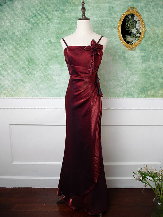 Dark Red Vintage Floral Embellished Sheath Gown Evening Dress