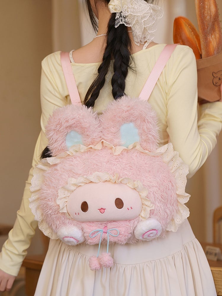 Pink Rabbit-shaped Lace Trim Plush Backpack