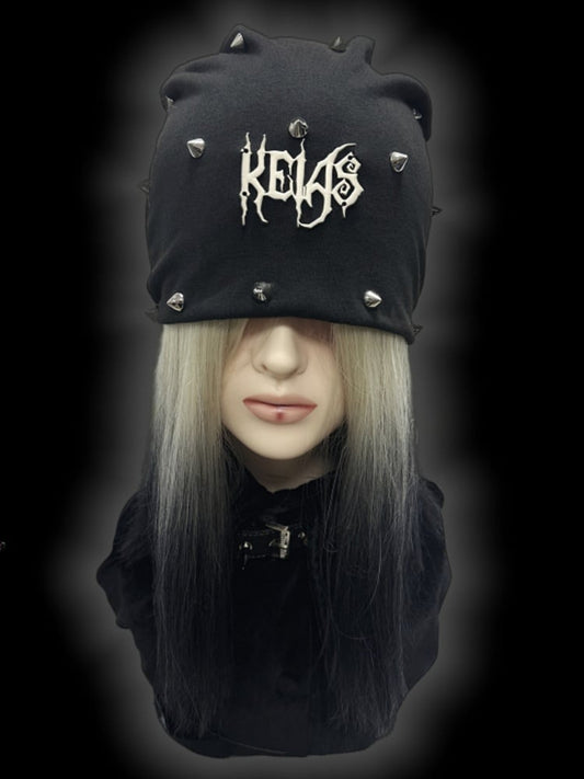 Y2K Black Metallic Letter Details Studs Design Punk Slouchy Beanie