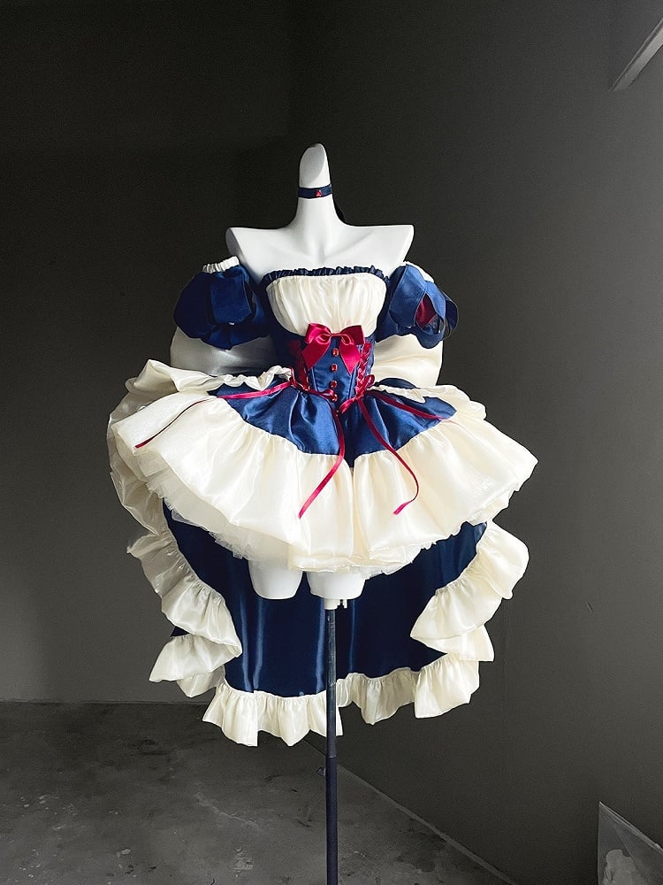 Blue & White Basque Waist Sweet Lolita Dress with Large Bow and Red Ribbon Accents