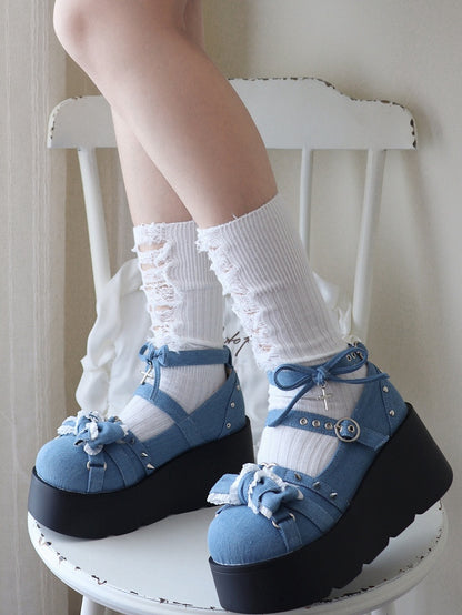 Spike Studs Bow Accents Blue Cross Gothic Platforms Punk Shoes