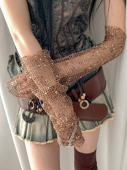 Brown Wasteland Punk Cross Charm Fishnet Sleeves