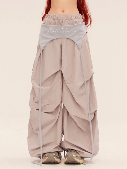 Gray Vintage Wide-leg Casual Pants with Waist Accessory