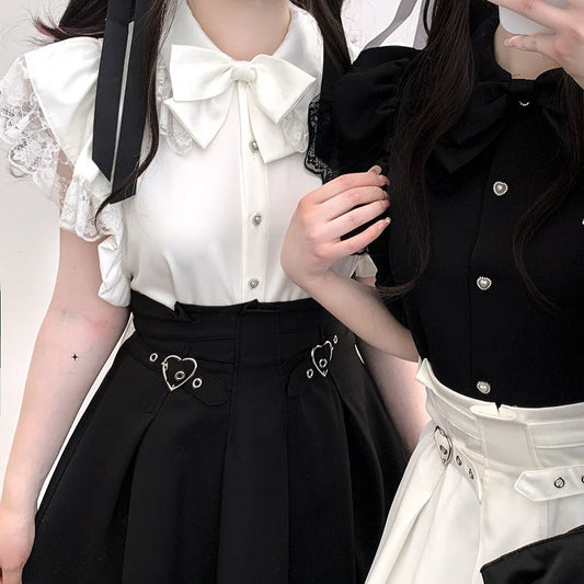 Clearance-Free Size for Bust 104CM Black Lace Trim Jirai Kei Flutter Sleeves Blouse with Back Wings