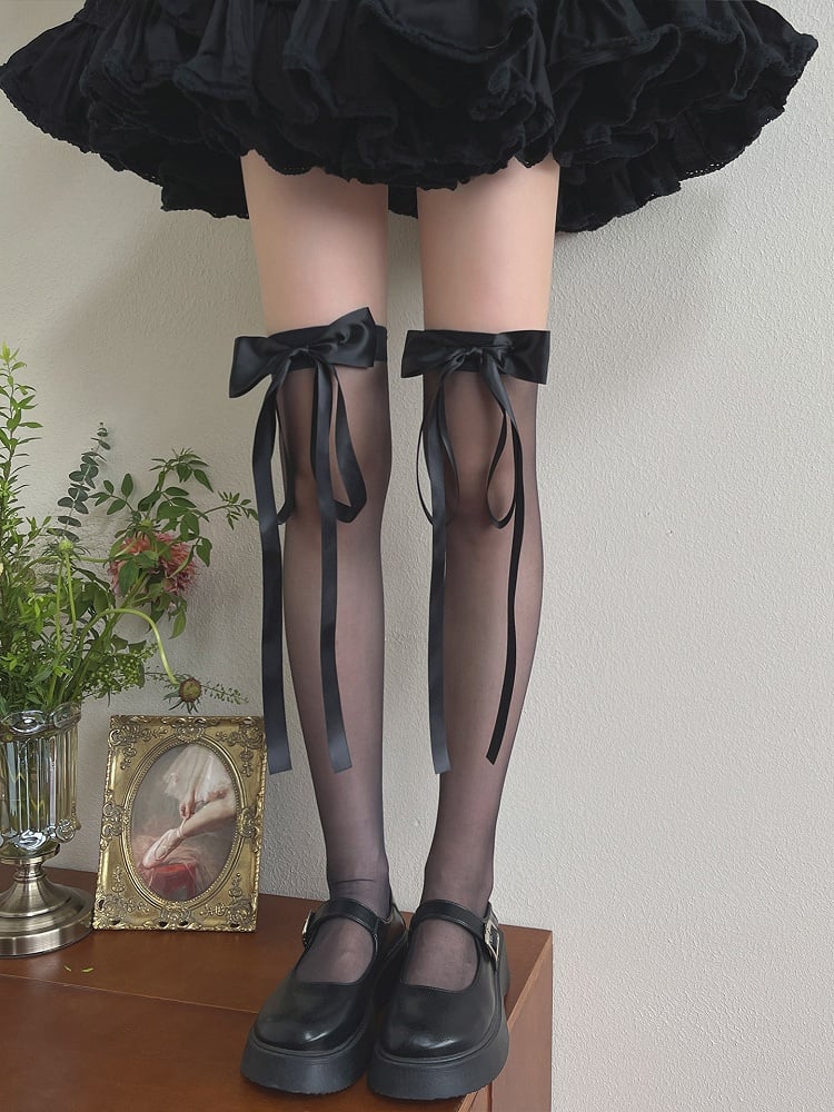 Milk White/Black Bowknot Design Semi-sheer Overknee Stockings