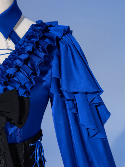 Deep Sea Blue Layered Ruffles V-neck Long Sleeves Shirt with Detachable Bead Chain Cutout Back