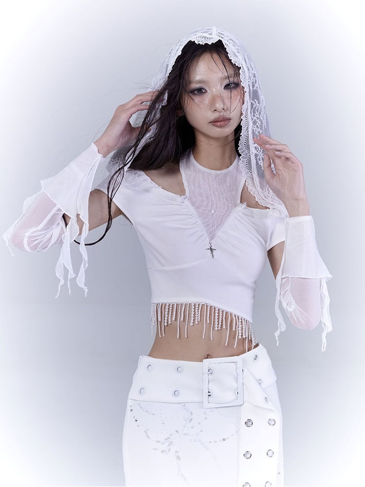 White Cutout Shoulder Beaded Tassel Hem Punk Cropped Top with Lace Hood