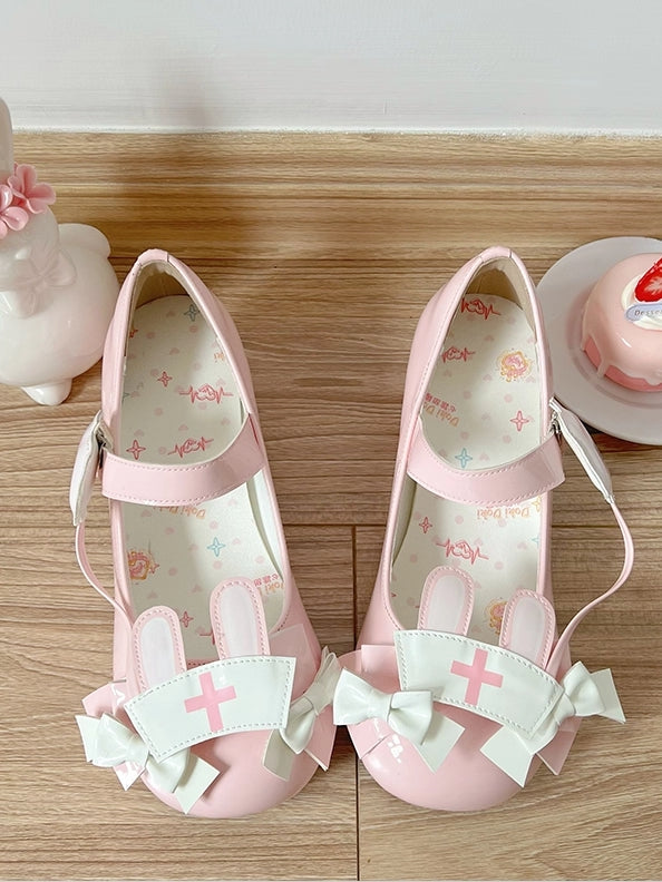 PU Pink Sweet Lolita Mary Janes - Medical Bunny Theme with Bow Accents & Velcro Strap Closures