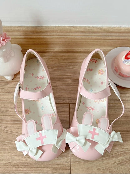 PU Pink Sweet Lolita Mary Janes - Medical Bunny Theme with Bow Accents & Velcro Strap Closures