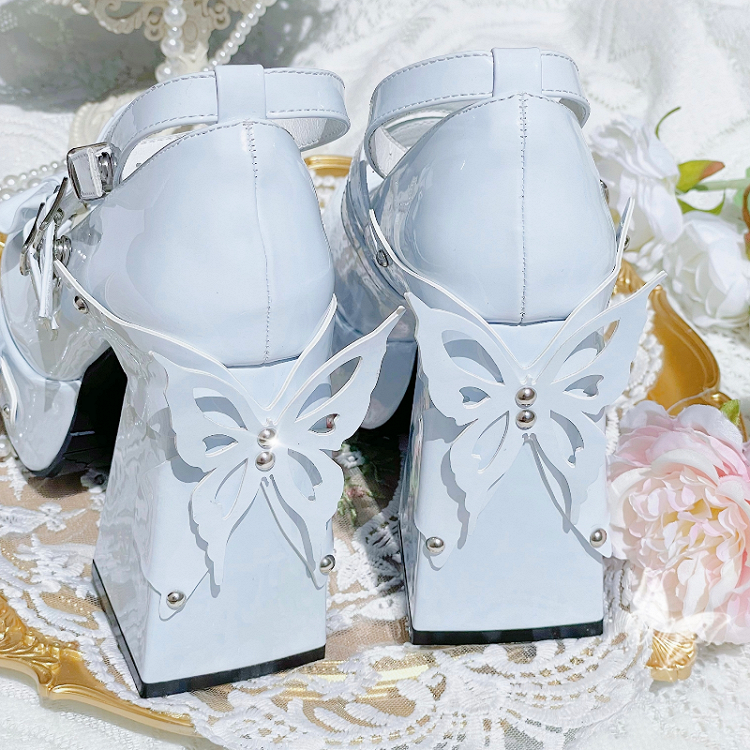 Light Blue Bowknot Stud Butterfly Design Platform High Block Heels Lolita Shoes