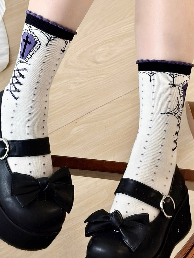Dark Purple Coffin Gothic Cross Print Polka-dot Pattern White Lolita Calf Socks