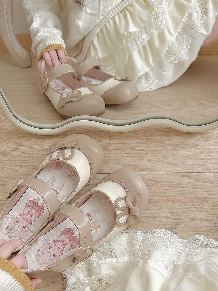 Khaki Bunny Ear Bowknot Decorated Bear Buckle Flats