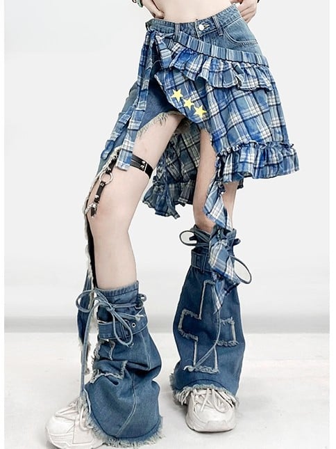 Blue Bittersweet Glamorous Set- Asymmetrical Hem Shorts + Plaid Pattern Star Print Skirt + Cross Applique Leg Warmers