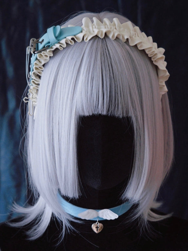 Side Blue PU Buckle White Cross and Pins Ruffled KC