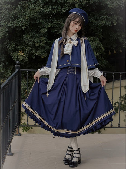 Dark Blue Underbust Classic Overalls Long Version + Cape Set