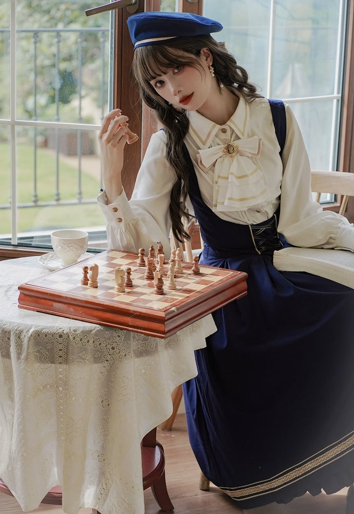 White Lace-up Cuffs Long Sleeves Shirt with Jabot Tie