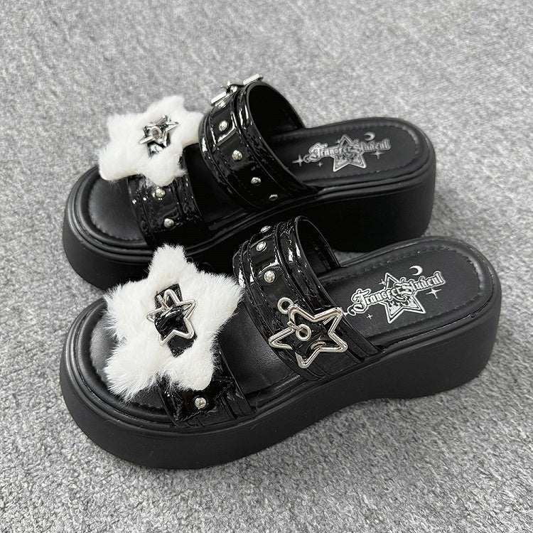 Alt-Goth Black Platform Slippers – Star Buckles, Metal Studs & White Fleece Top