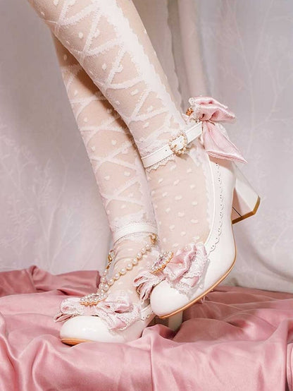 White&Pink Beaded And Rhinestone Decorated Bow at Top Lace Trim Mary Janes With Detachable Beaded Chain