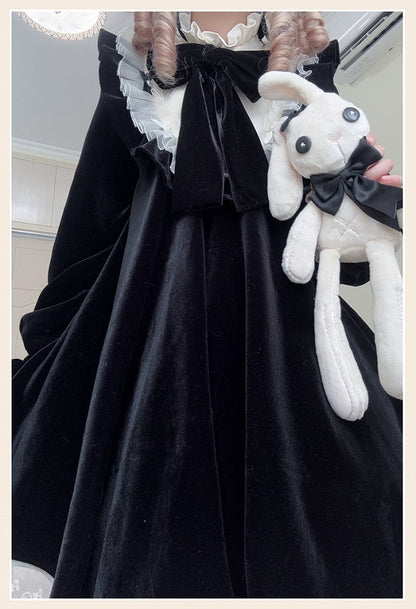 Black Big Bow Ruffled High Neck Sweet Lolita Long Sleeves Velvet Dress