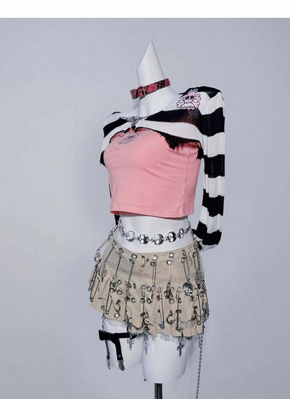 Punk Khaki Asymmetrical Hem Pin Skeleton Cross Design Skirt