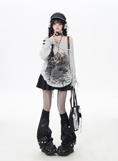 Asymmetrical Neckline Graffiti Print Star Buckles Light Gray/Black Coverup