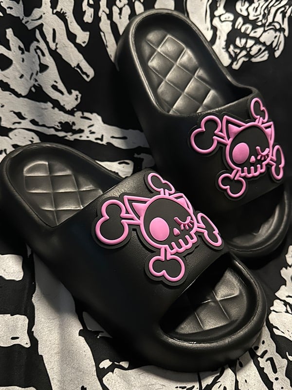 Black and Pink Gothic Skeleton Applique Summer Slippers