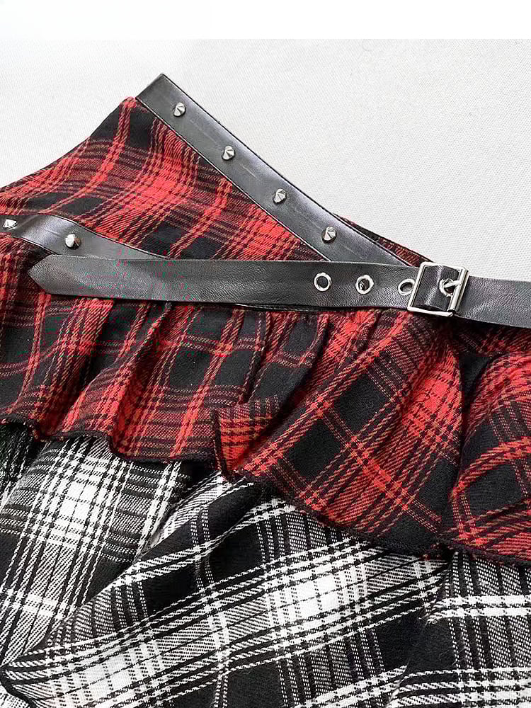 Clearance-Size M for Waist 76CM Y2K Red Plaid Asymmetrical Hem Tiered Punk Glamorous Skirt