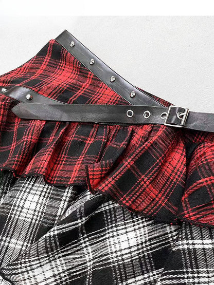 Clearance-Size M for Waist 76CM Y2K Red Plaid Asymmetrical Hem Tiered Punk Glamorous Skirt