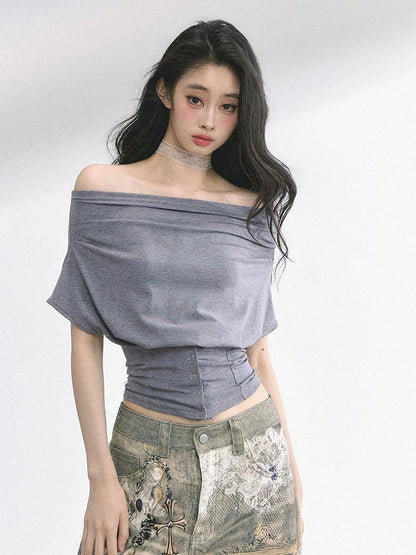 Off-the-shoulder Neckline Gray / Water Blue Slim-fitting T-shirt