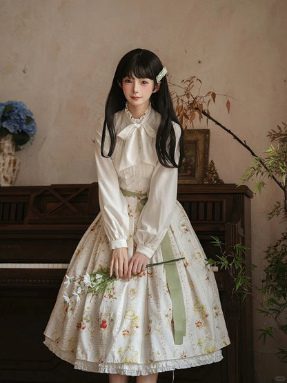 White Elegant Classic Lolita Skirt with Hawthorn and Bird Print and Green Belt