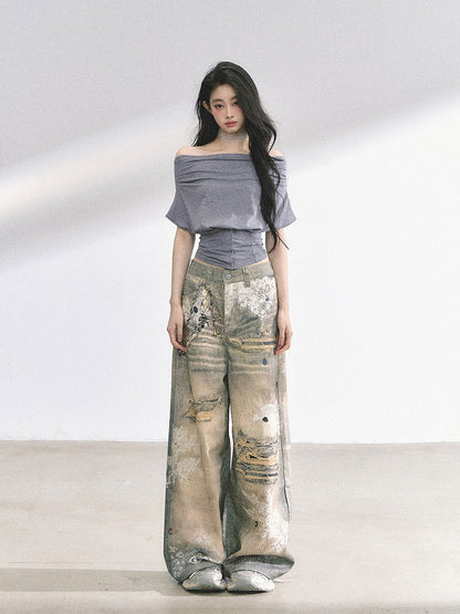 Off-the-shoulder Neckline Gray / Water Blue Slim-fitting T-shirt