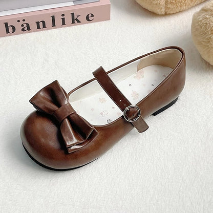 Brown Sweet Lolita Round Toe Mary Janes - Circle Buckle & Bow Accents