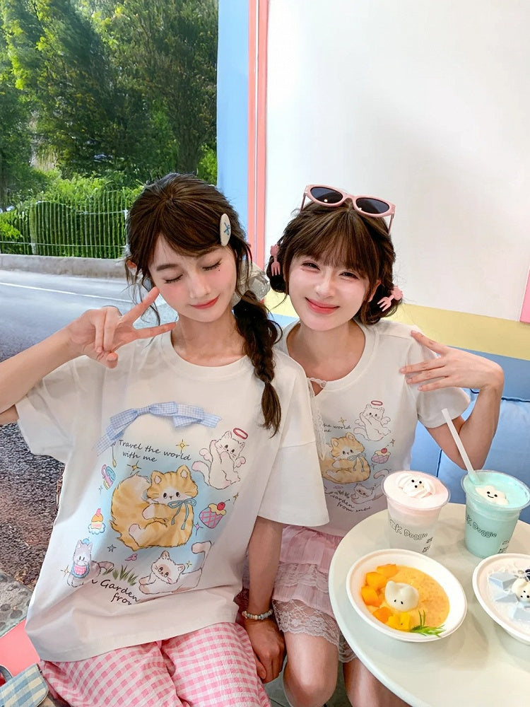 Adorable Cat Print White Round Neck T-shirt Long/Short Version