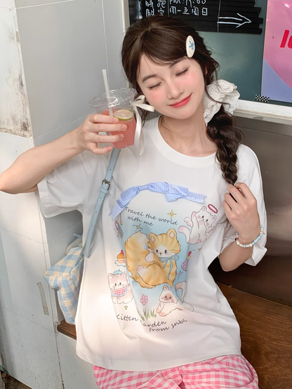 Adorable Cat Print White Round Neck T-shirt Long/Short Version
