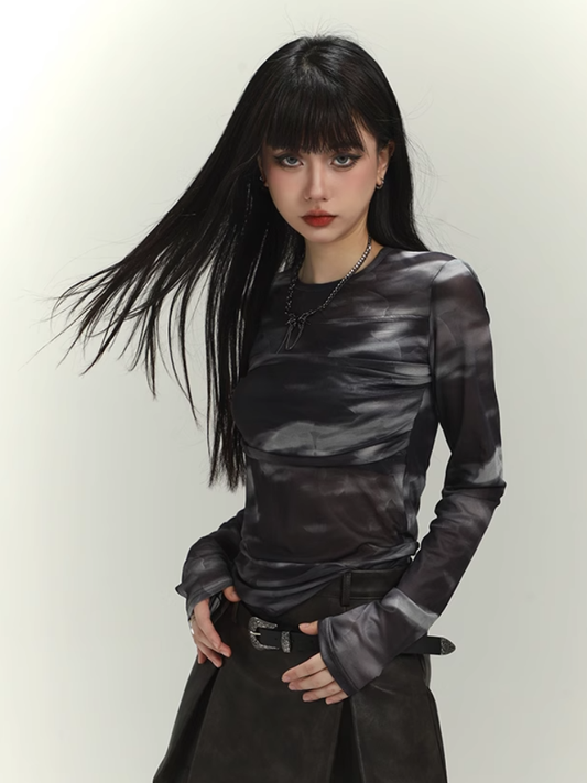 Black Round Neck Tie Dye Slim-fitting Top