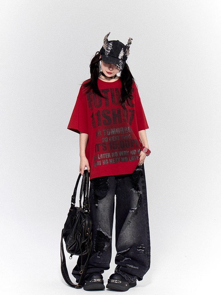 Vintage Letter Print Red Round Neck Distressed Design Oversized T-shirt