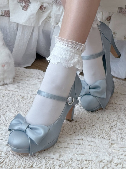 PU Blue Elegant Lolita Heels - Crystal Heart Buckle with Bow Accents