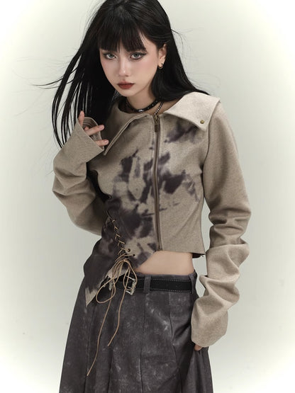 Wasteland Punk Khaki Asymmetrical Hem Cropped Jacket with Lace-up Detail at Front