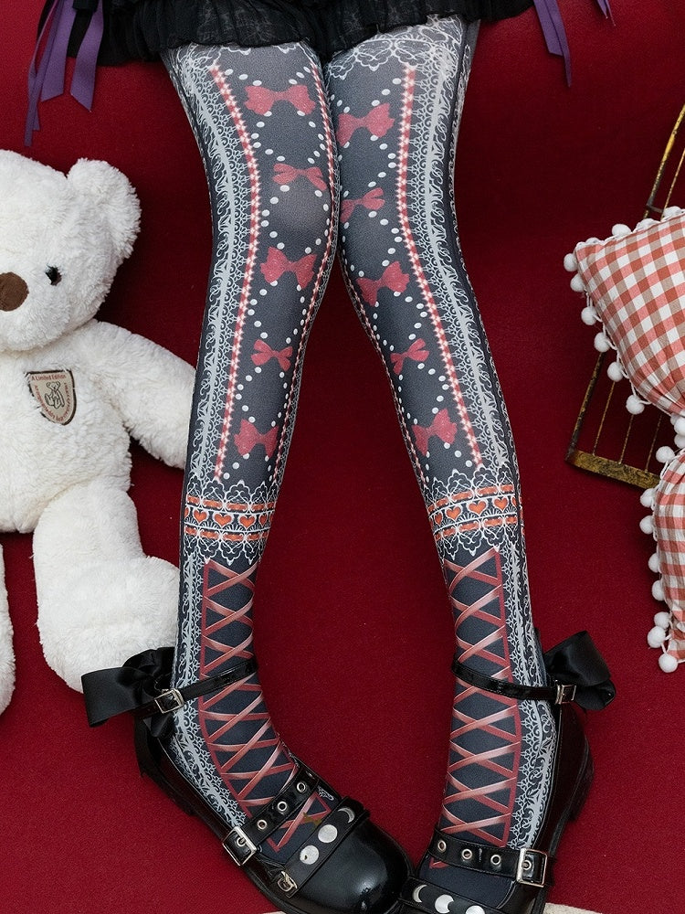 Red/Blue/Purple/Black Sweet Lolita Bowknot Heart Print Tights