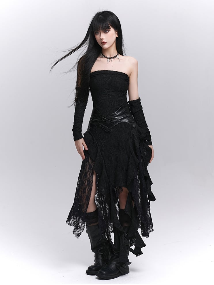 Black Asymmetrical Cascading Ruffles Strapless Dress with Free Armwears