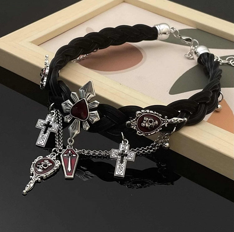 Black Cross and Skeleton Pendant Punk Choker